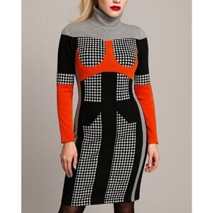Nuvula Geometric Colorblock Long Sleeve Mock Neck Retro Mod Midi Dress Sz M